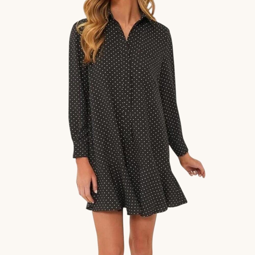 Tuckernuck Callahan Shirt Dress Brown White Polka Dot Size XS Preppy Fall Ruffle